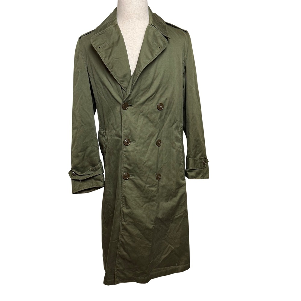 VTG 1950s Military Trench Coat Olive Green Double Breasted Overcoat Small Reg